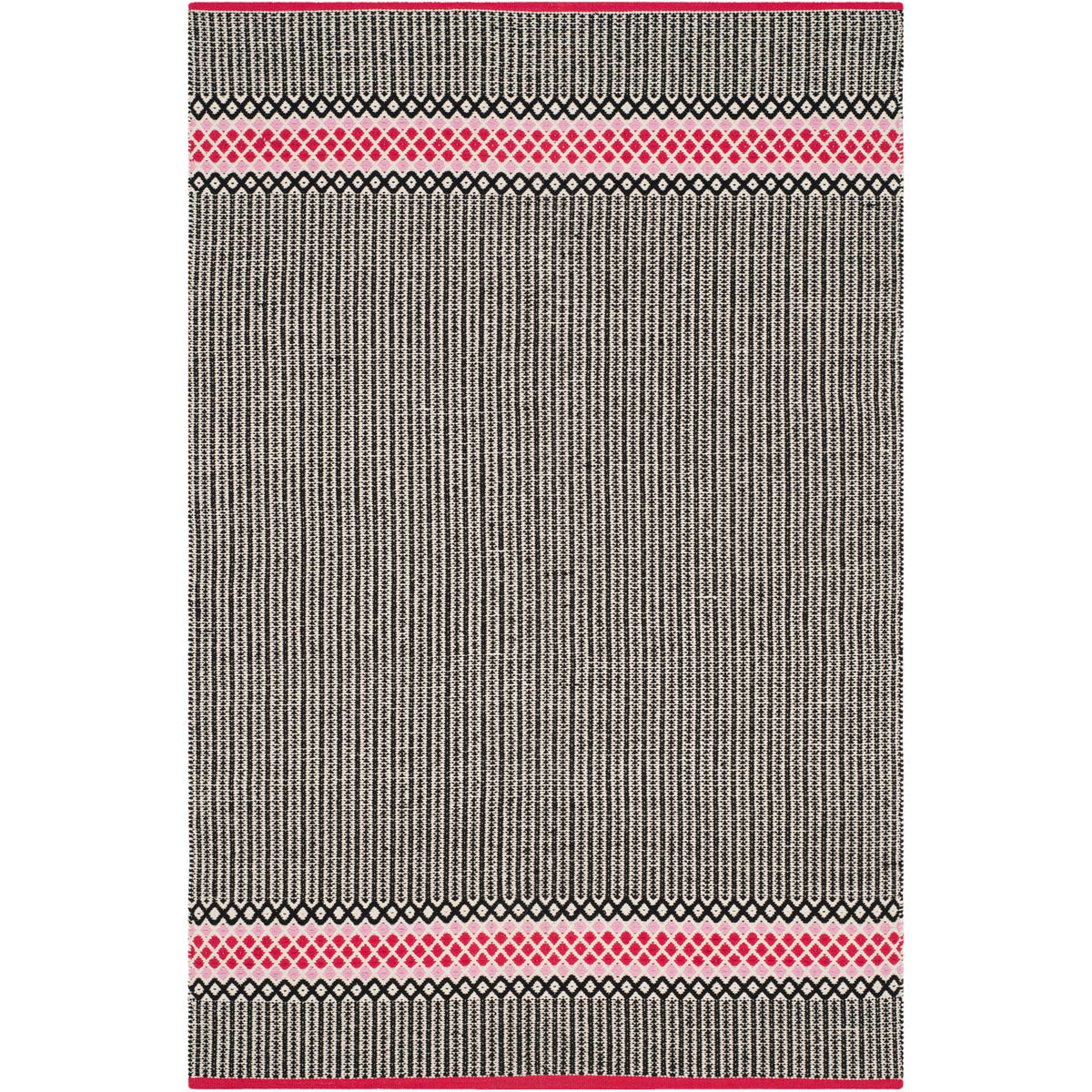 Vivid pink diamond bands break up the dense black-and-cream stripes of this handwoven cotton rug