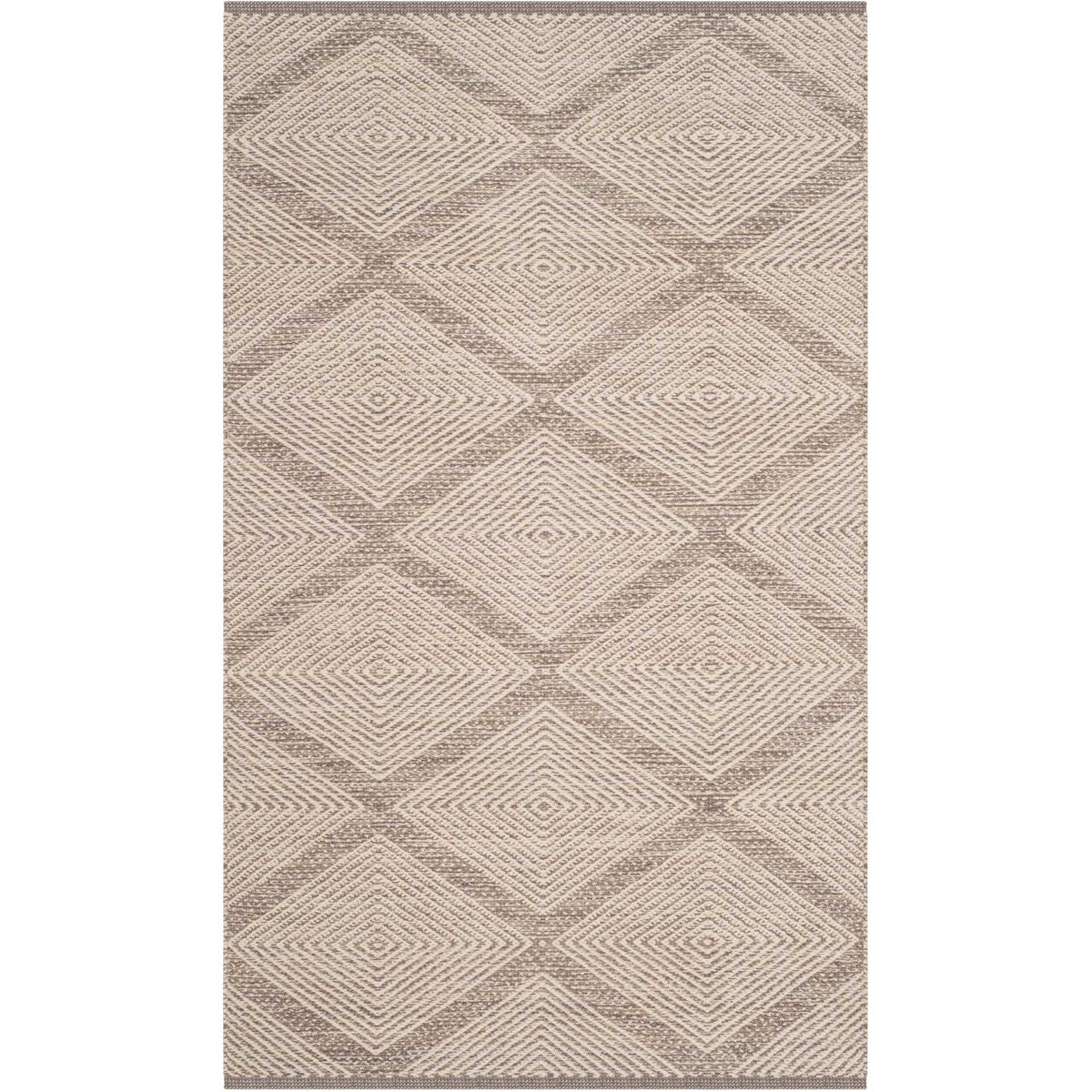 Compact gray cotton rug features densely woven diamonds in a balanced geometric pattern.