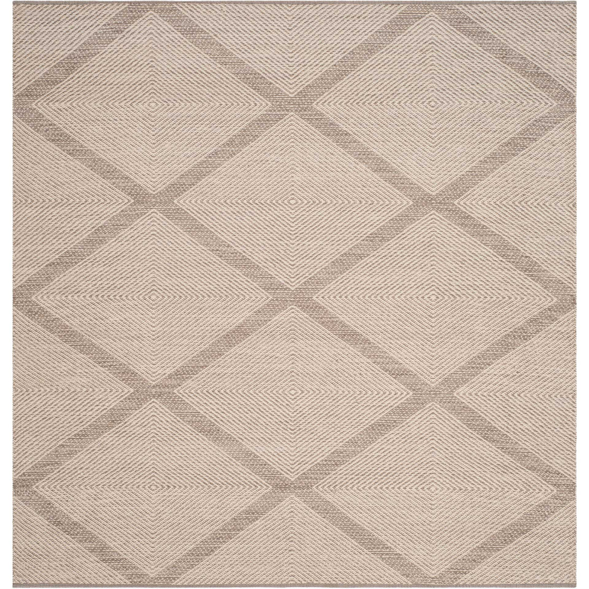 Square cotton rug displays nested gray diamonds filled with finely woven lines.