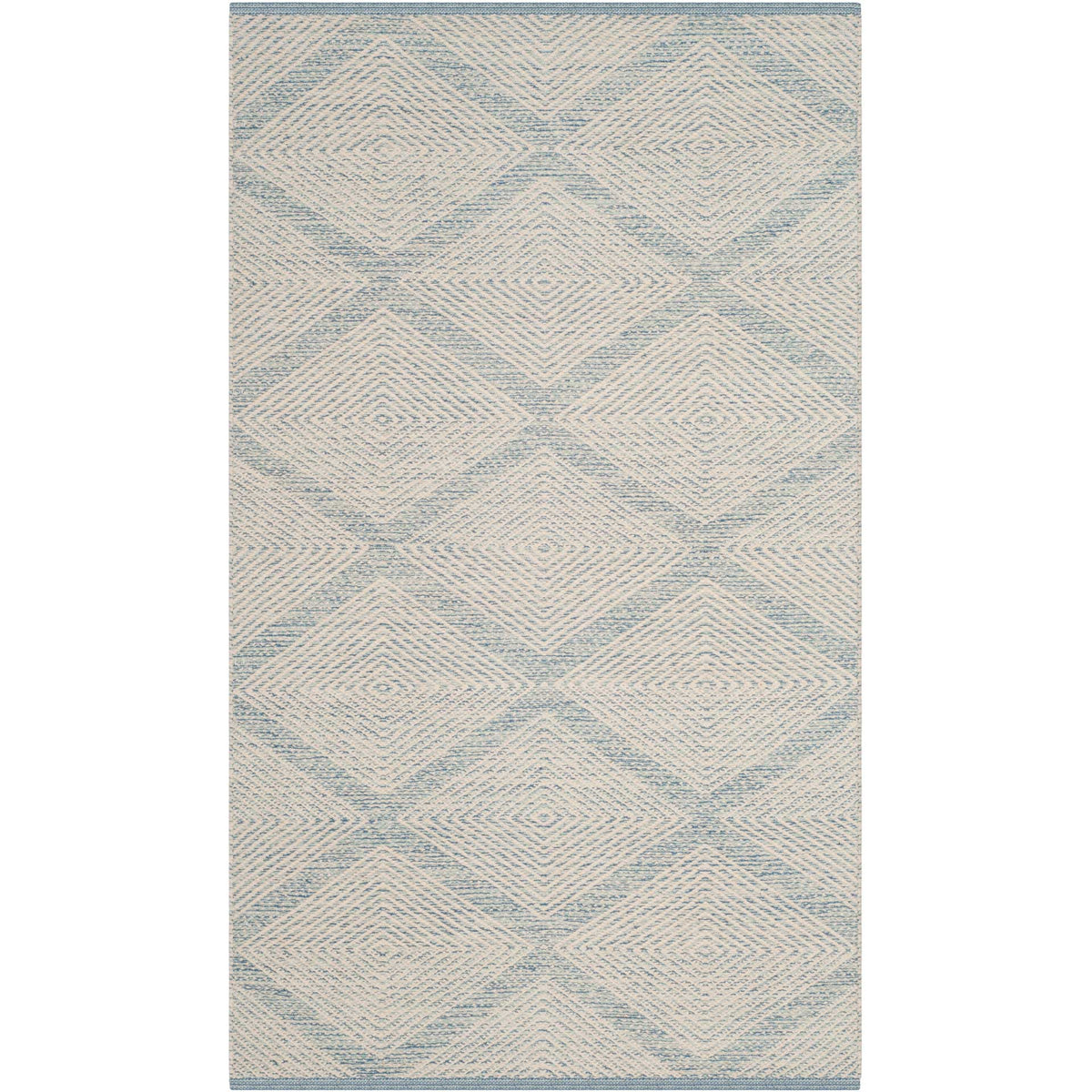 Compact cotton rug pairs pale blue diamond motifs with an ivory woven ground.