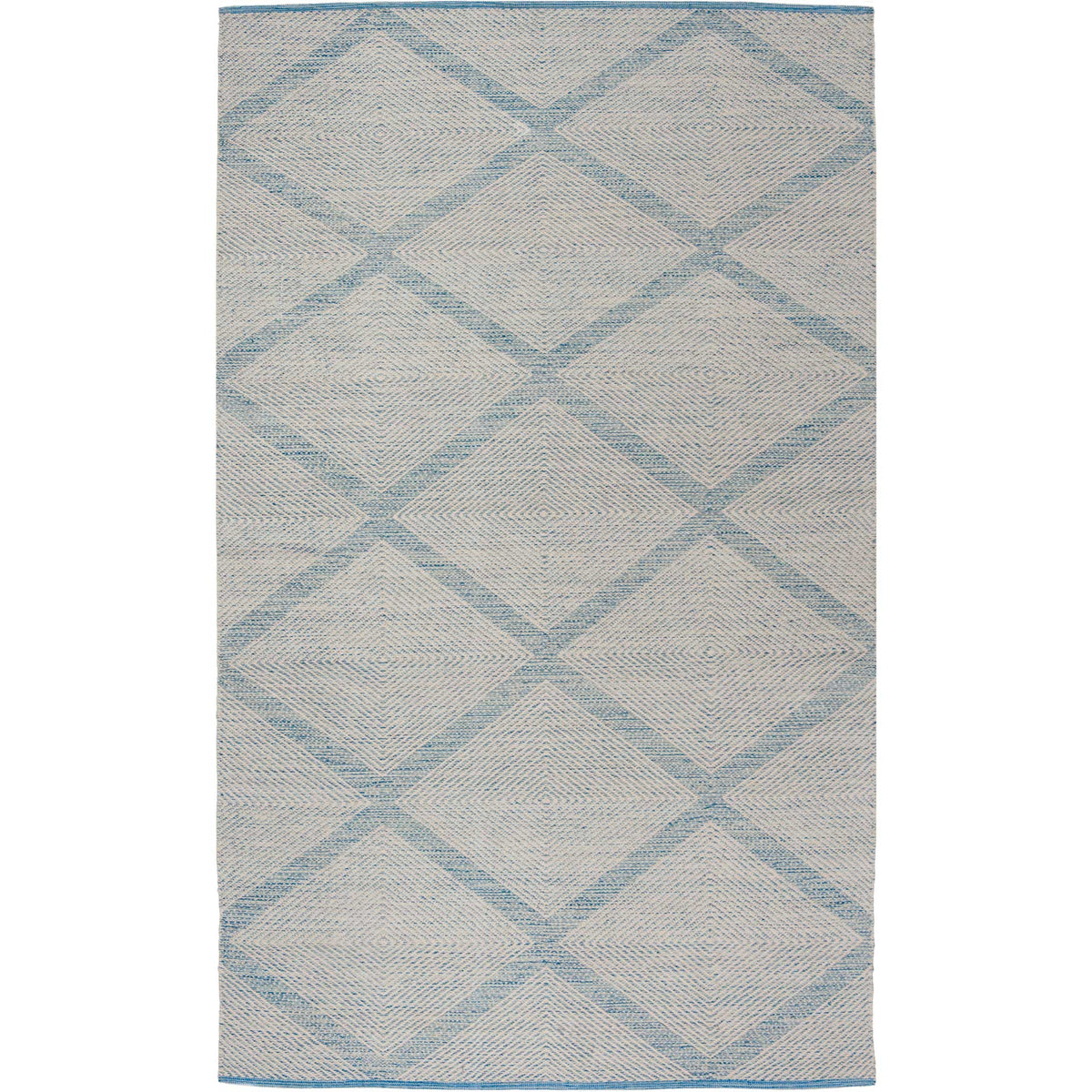 Light blue diamonds repeat across a rectangular cotton rug with soft, natural texture.