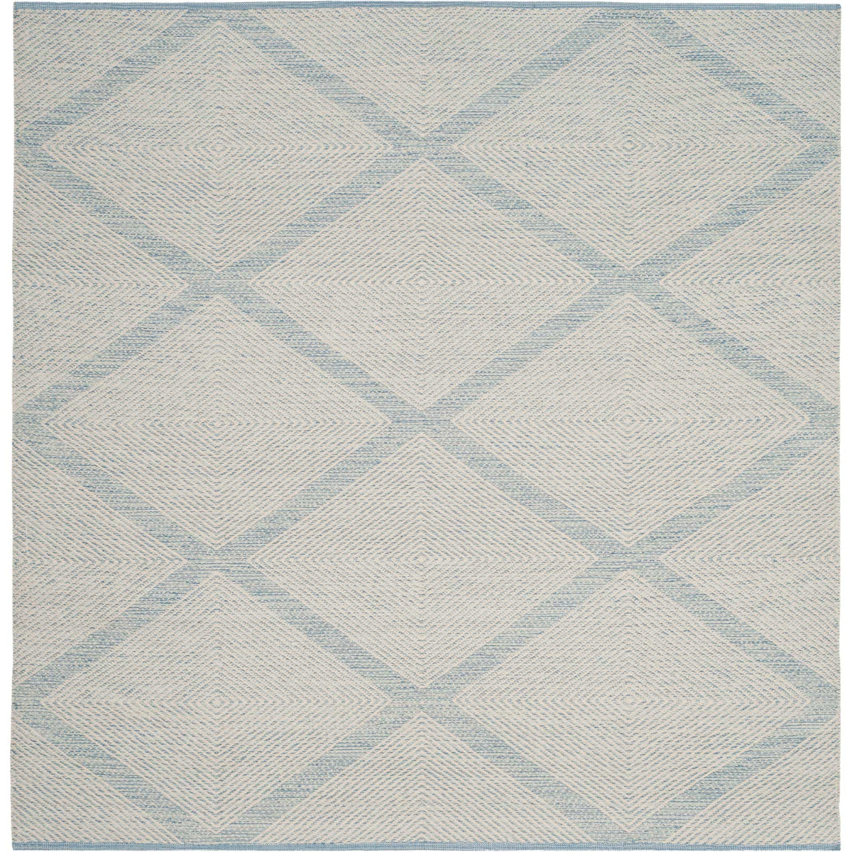 Square cotton rug features airy blue diamond borders and fine, nested woven lines.