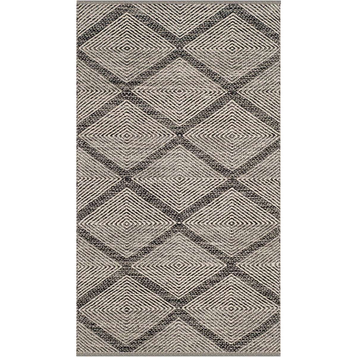 Compact black and cream rug showcases closely spaced diamonds with intricate linework.