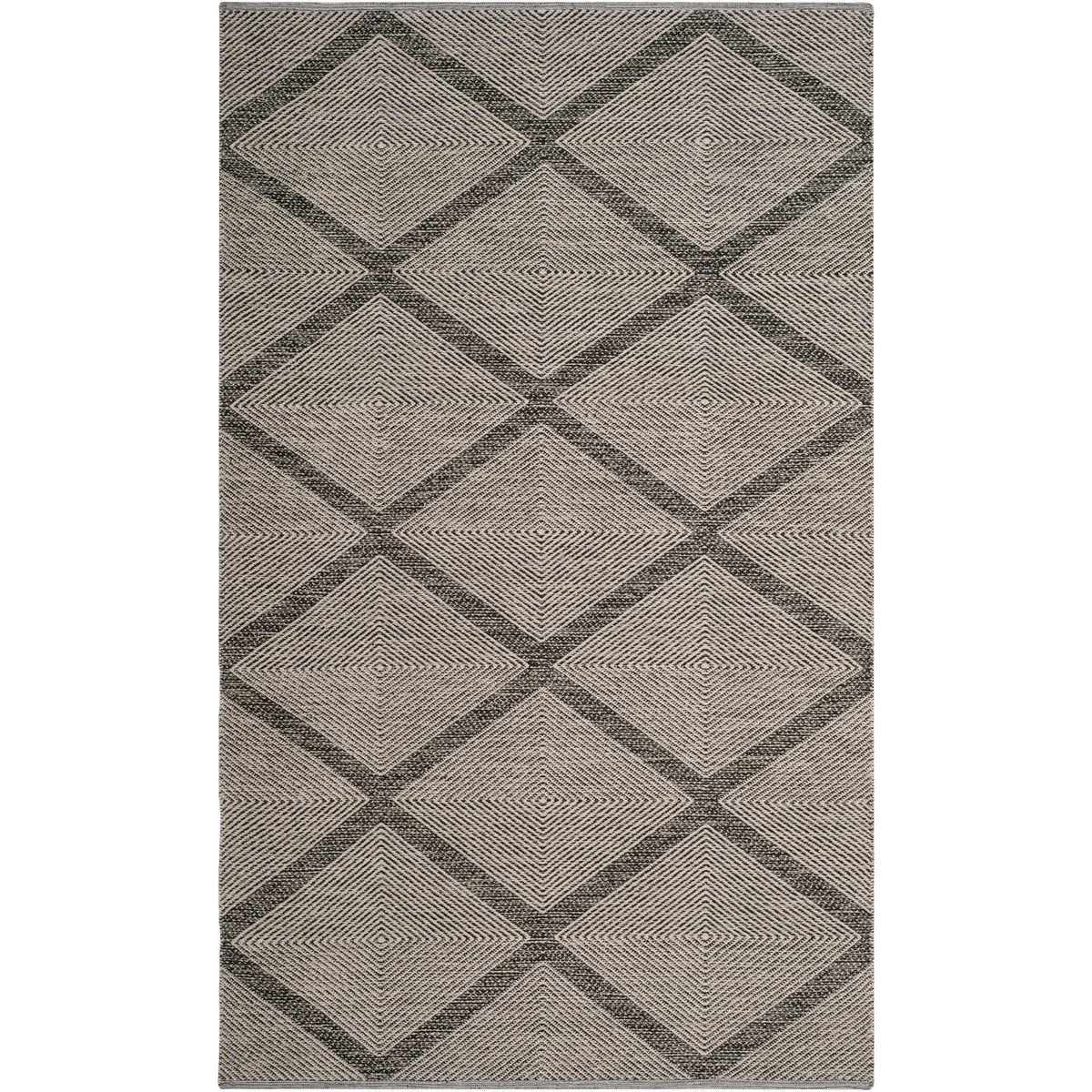 Black and ivory cotton rug features a grid of nested diamonds and fine woven texture.