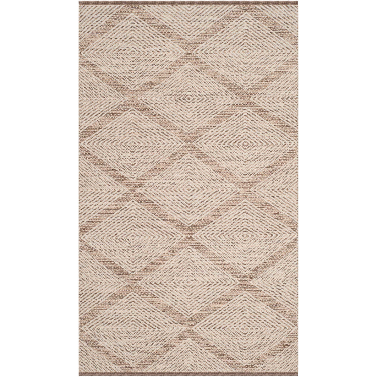 Compact beige cotton rug repeats nested diamond motifs across its softly textured surface.