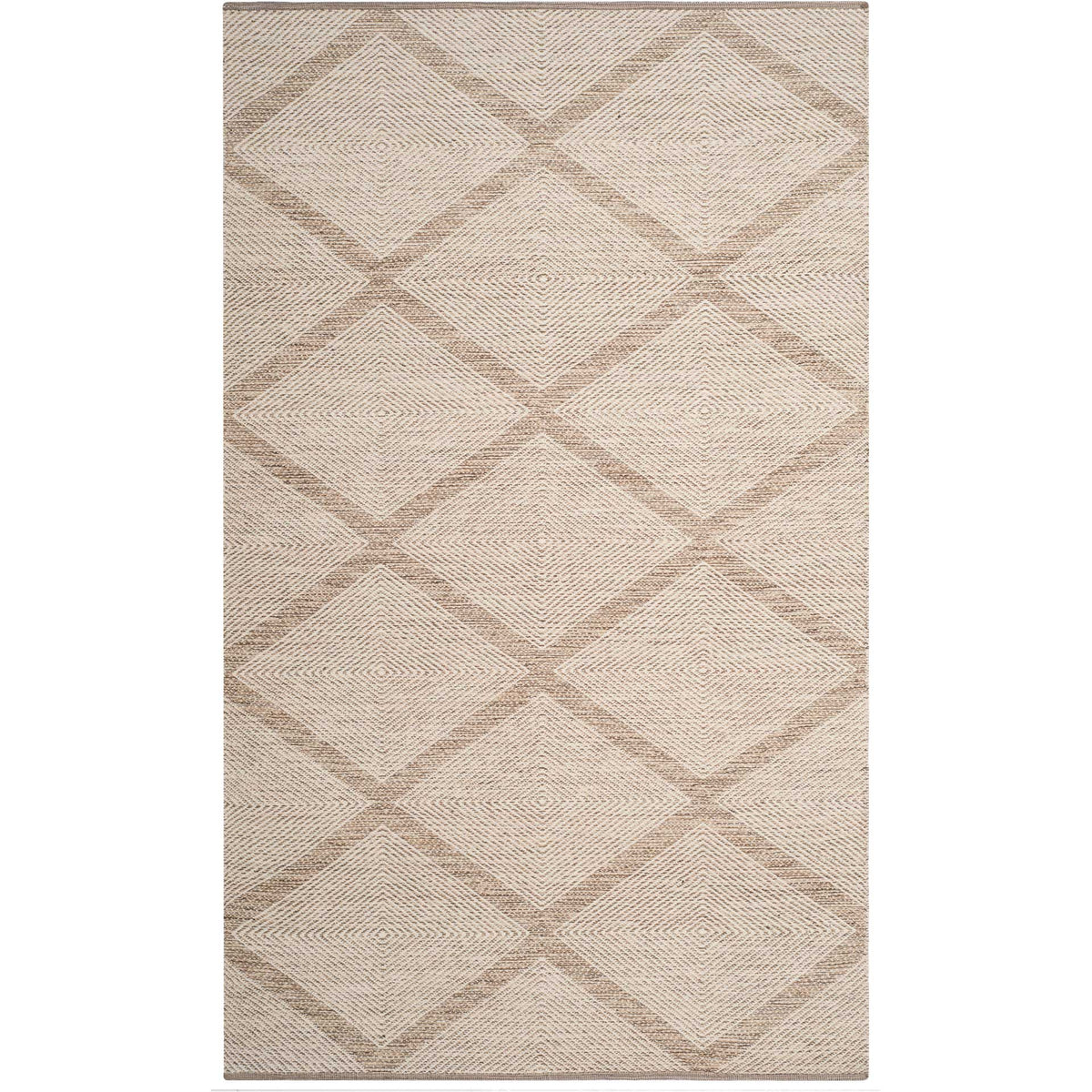 Beige rectangular rug pairs a subtle diamond grid with textured, handwoven cotton.