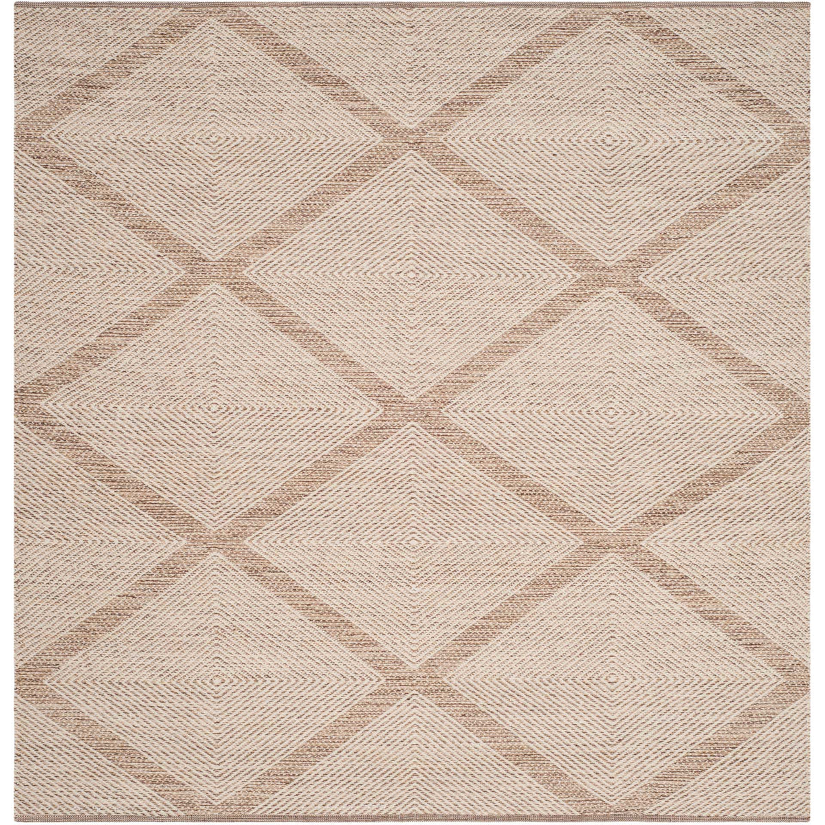 Square beige cotton rug features interlocking diamonds filled with fine woven lines.
