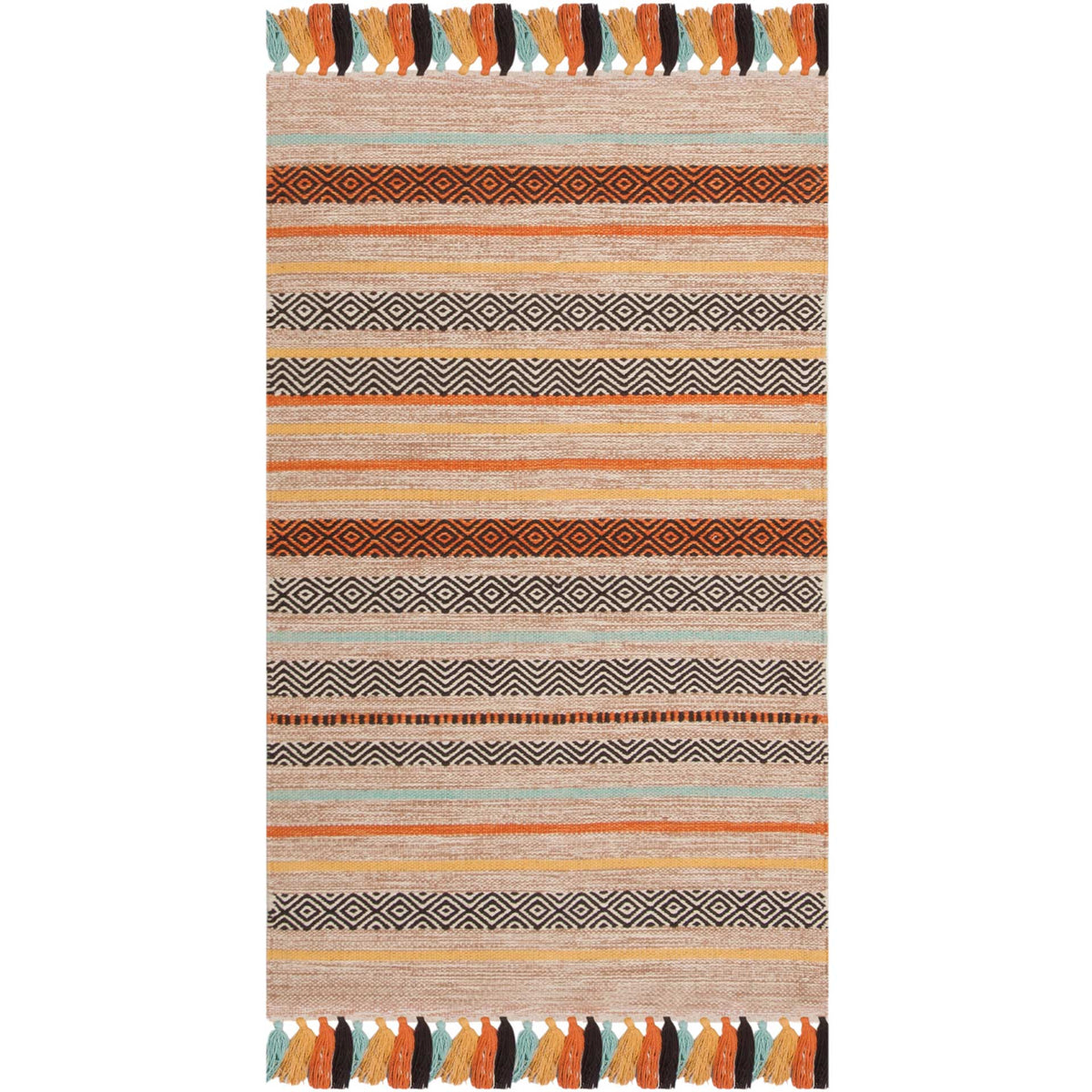 Beige accent rug with bold brown diamonds, orange stripes, and colorful tassel trim.