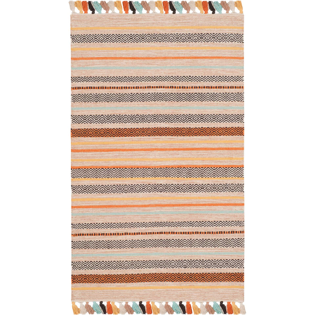 Compact beige cotton rug with warm orange stripes, woven diamonds, and tasseled short edges.