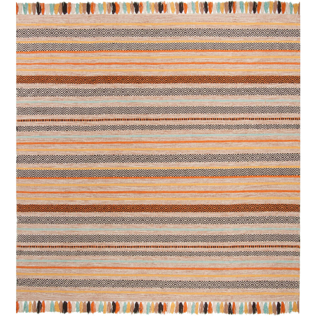 Square beige cotton rug with orange geometric bands, dark zigzags, and multicolored tassels.