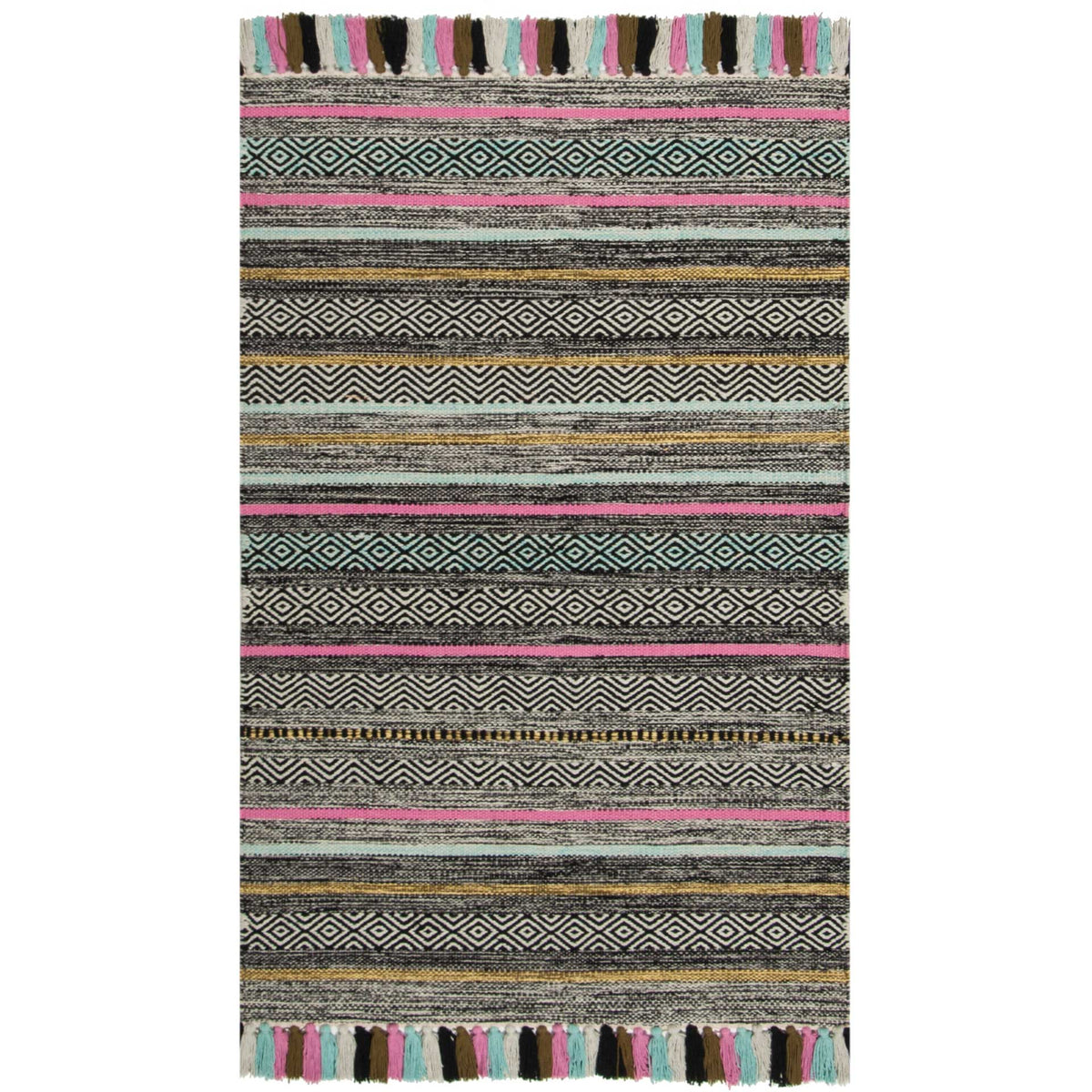 Small black cotton rug with cream zigzags, pink lines, aqua details, and multicolored fringe.