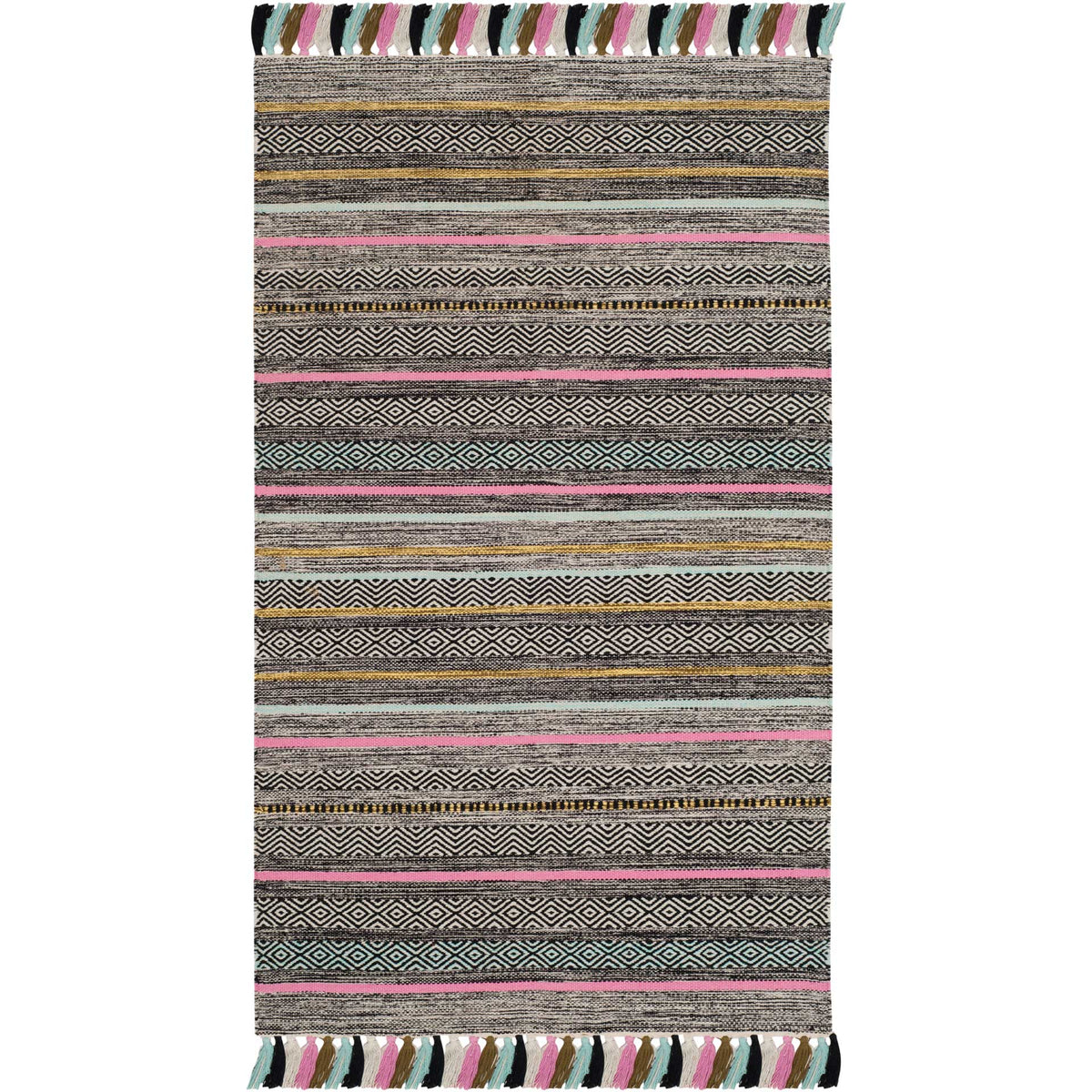 Black and cream cotton rug layered with pink stripes, aqua diamonds, and bright tassels.