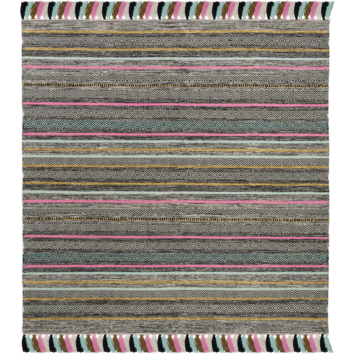 Square black cotton rug with geometric bands, pink and turquoise stripes, and tasseled edges.
