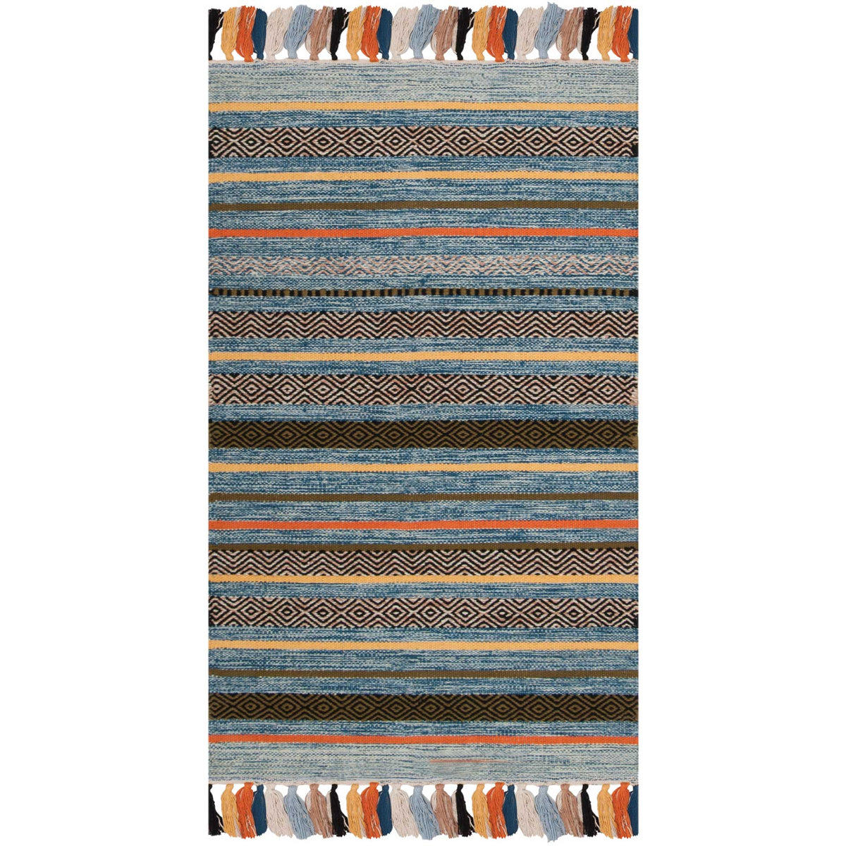Compact blue cotton rug woven with orange stripes, dark zigzags, and tasseled short ends.