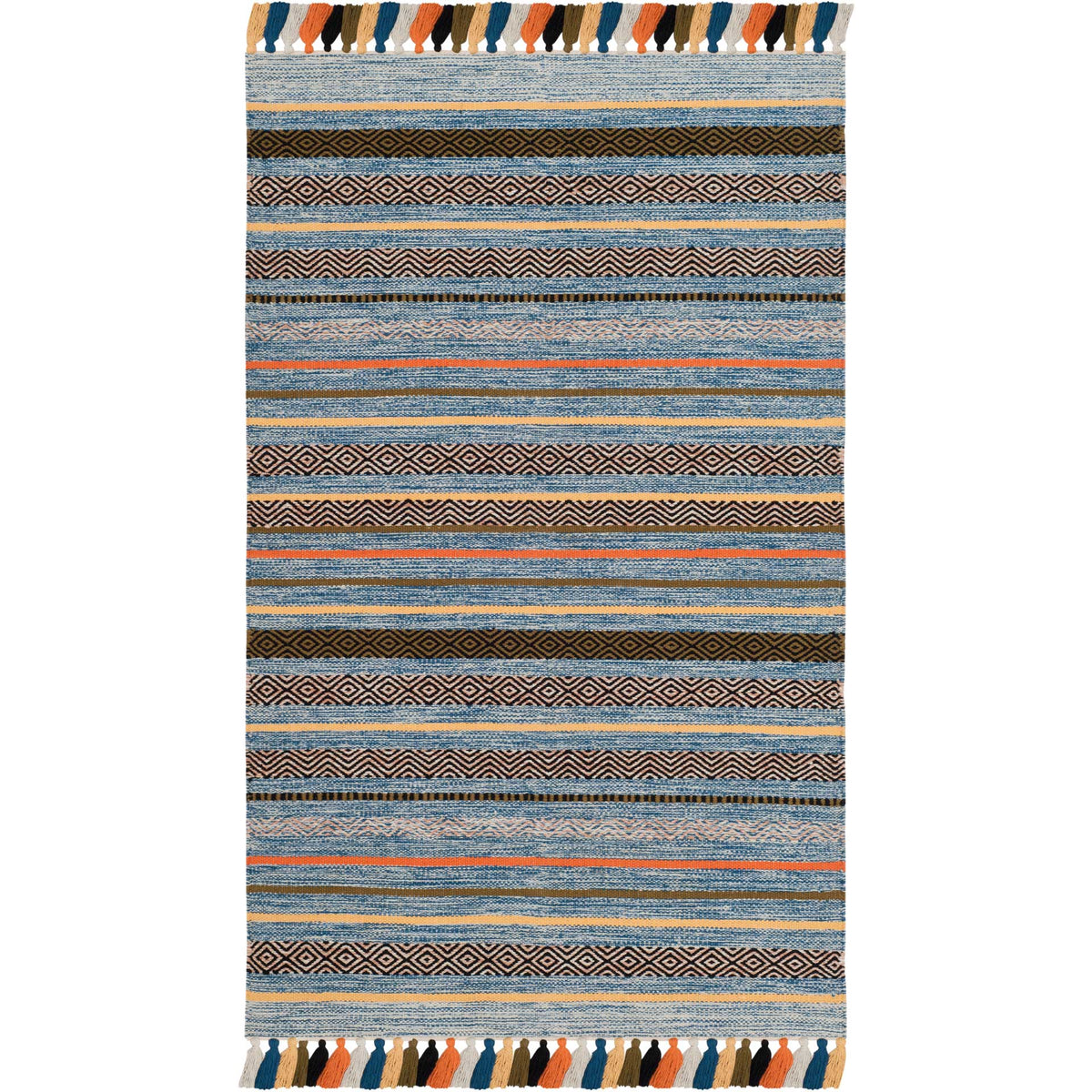 Blue striped cotton rug with orange accents, dark diamond bands, and colorful fringe.