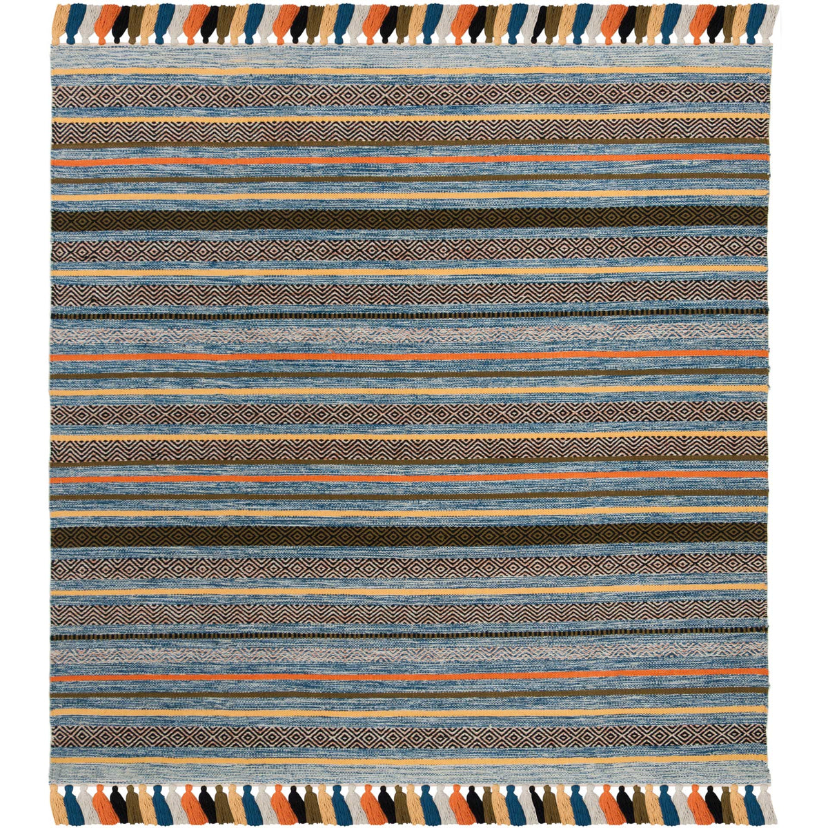 Square blue cotton rug with rust-toned geometric bands and a cheerful tassel border.