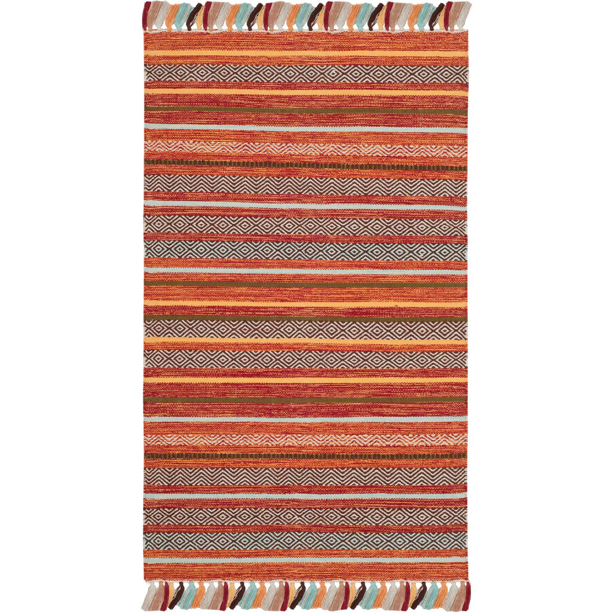 Rust and burgundy cotton rug with bold diamond bands and multicolored fringed ends.