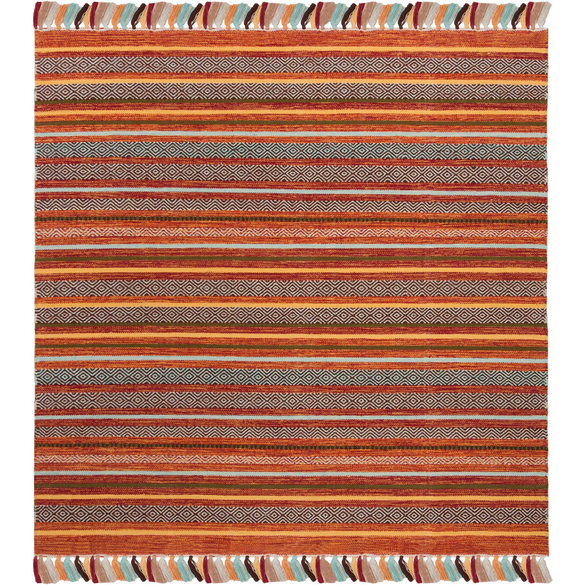 Square rust rug mixes geometric burgundy bands with orange stripes and bright tassels.