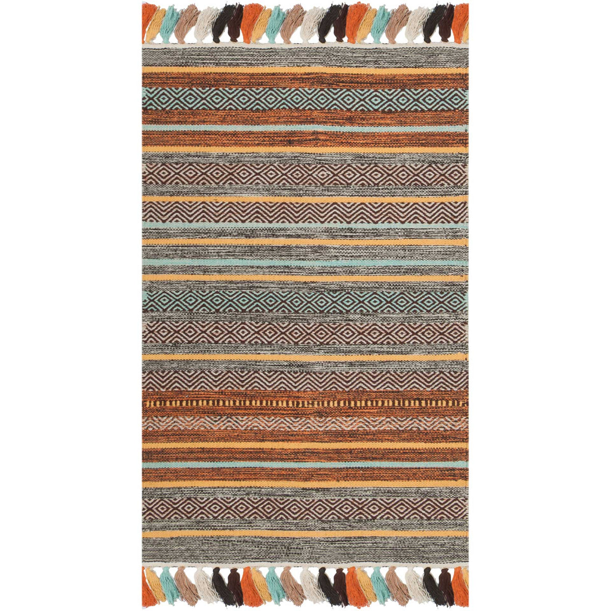 Small turquoise and brown cotton rug with intricate bands and colorful tasseled ends.