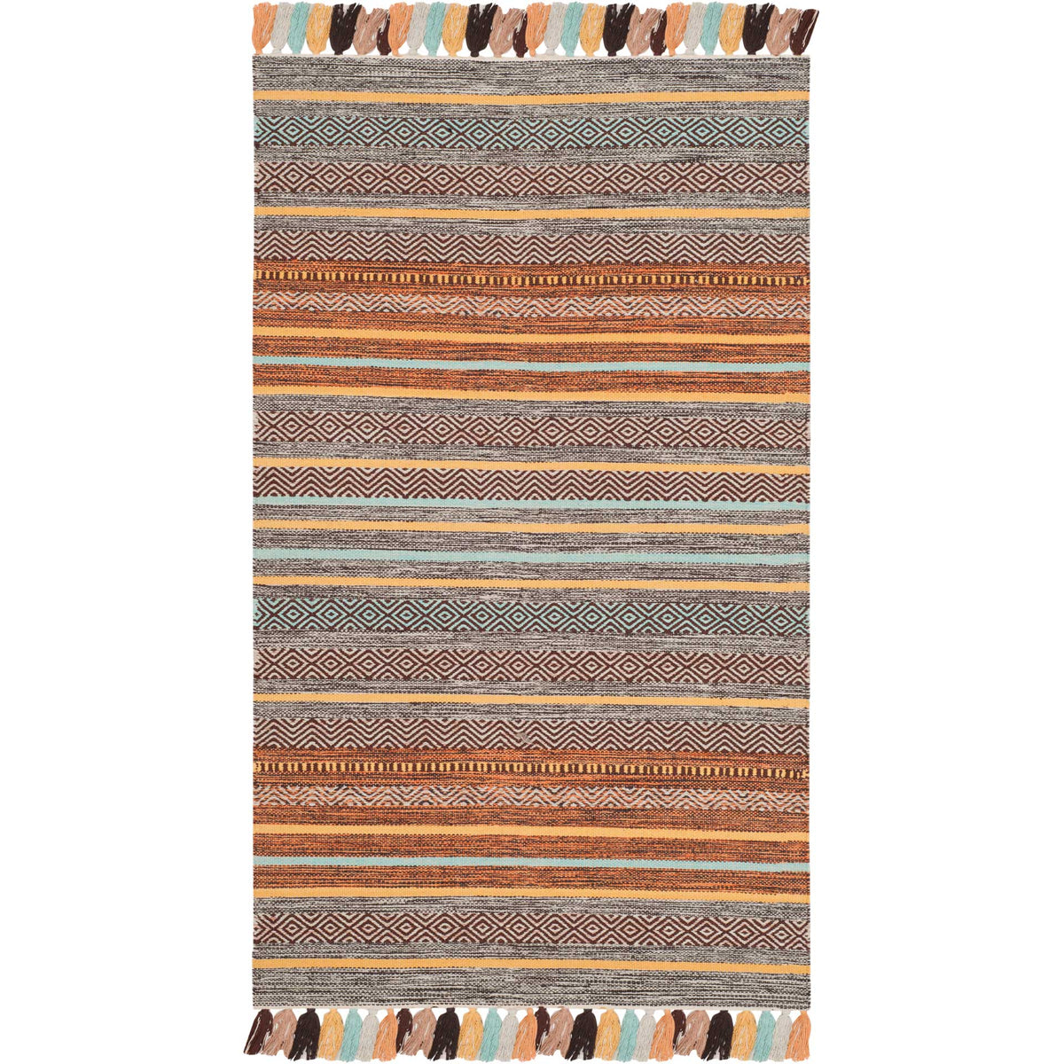 Brown cotton rug with turquoise diamonds, warm orange stripes, and colorful tasseled ends.