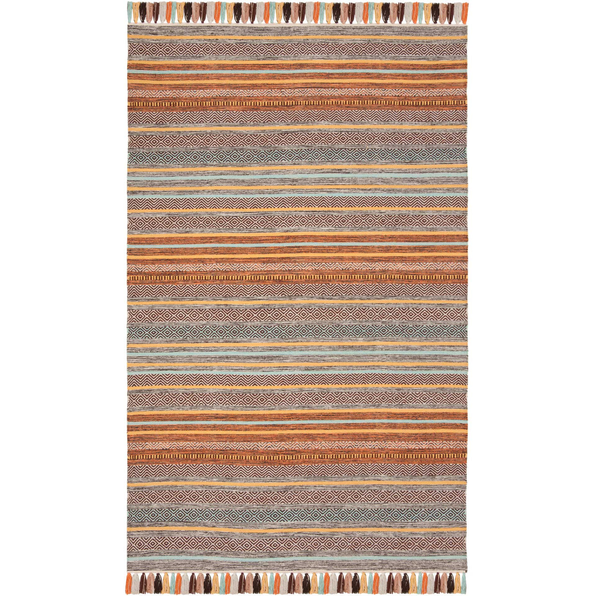 Brown and turquoise woven cotton rug with narrow patterned stripes and tasseled short edges.