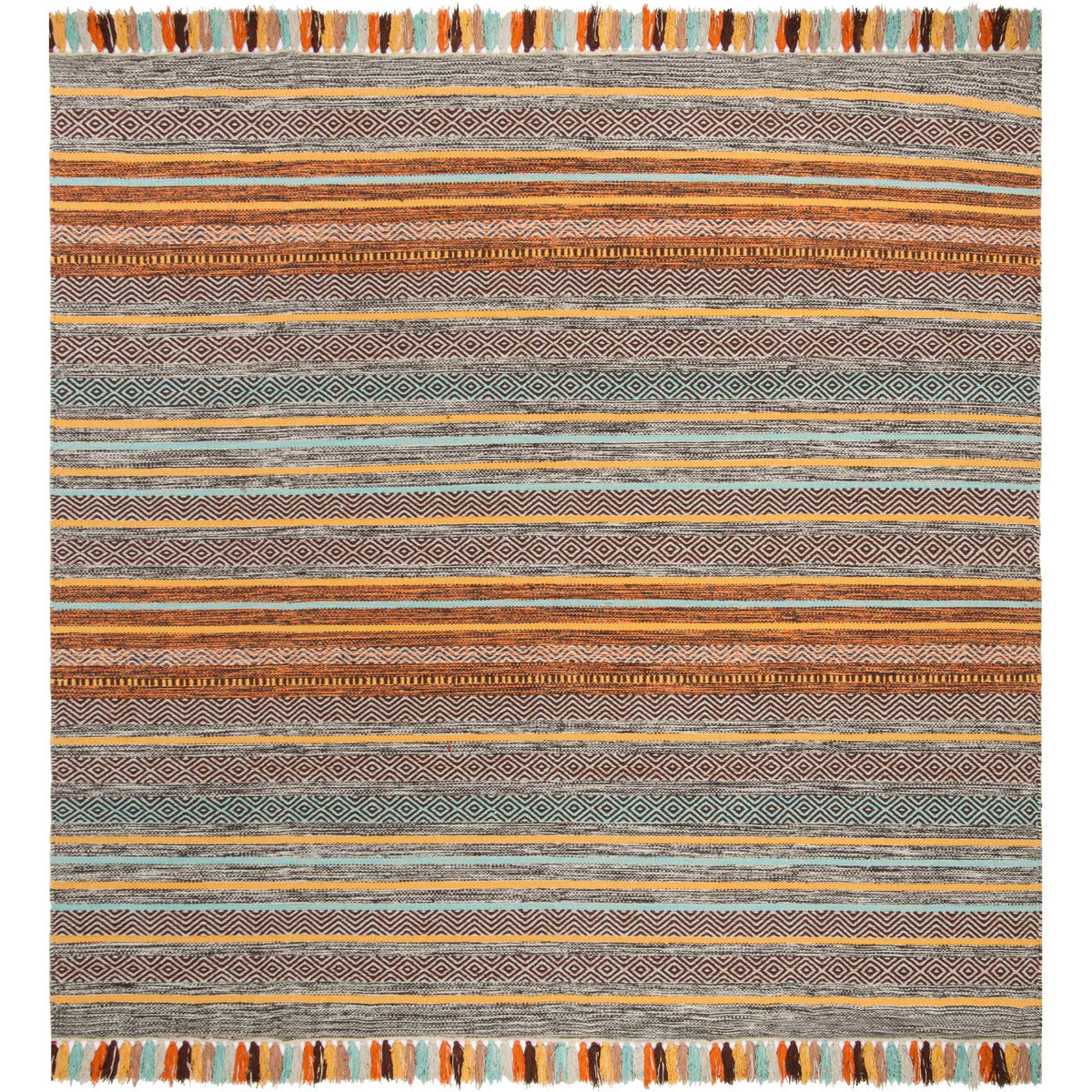 Square brown rug with turquoise geometric bands, orange stripes, and multicolored tassels.