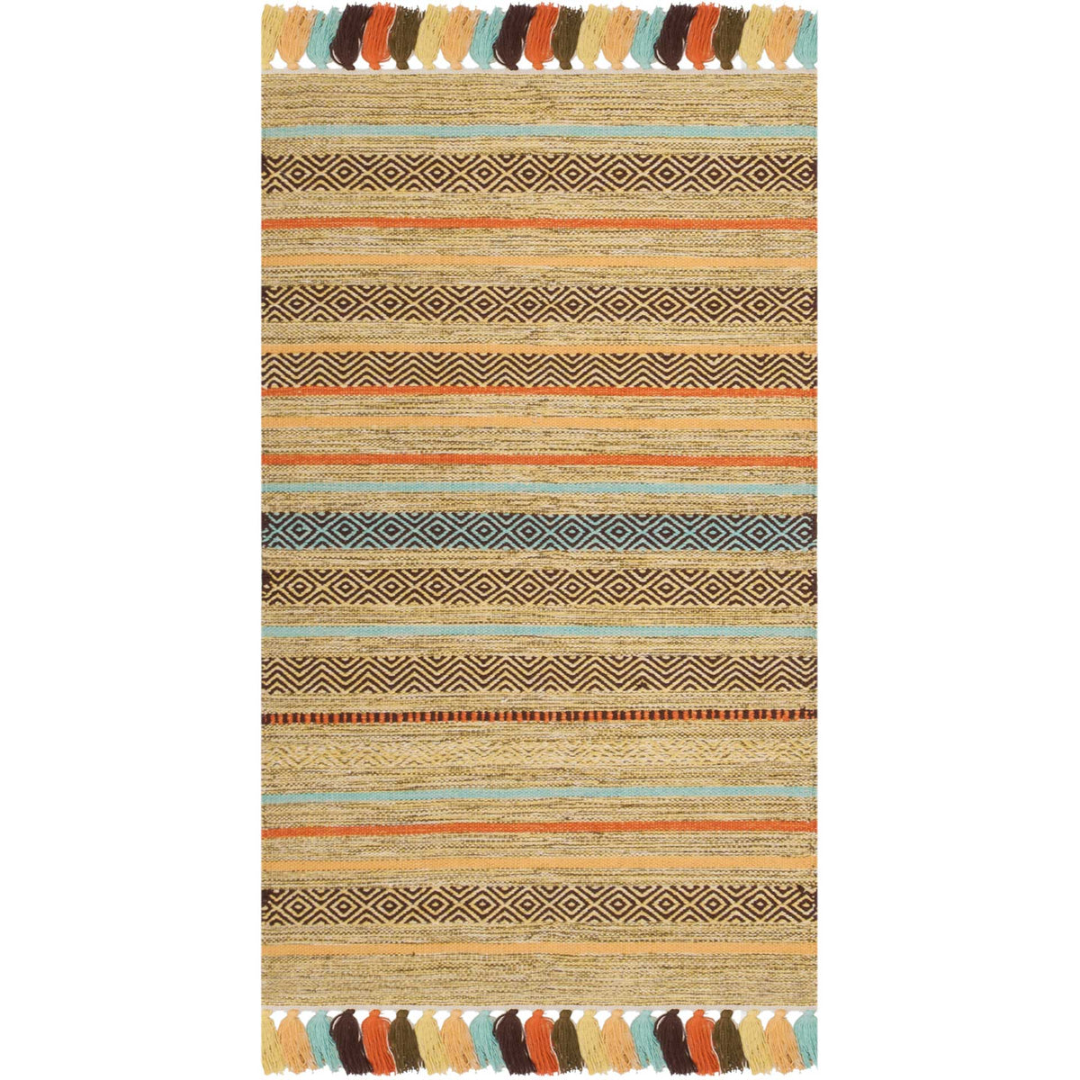 Small olive-green rug with rust stripes, dark woven diamonds, and multicolored tassels.