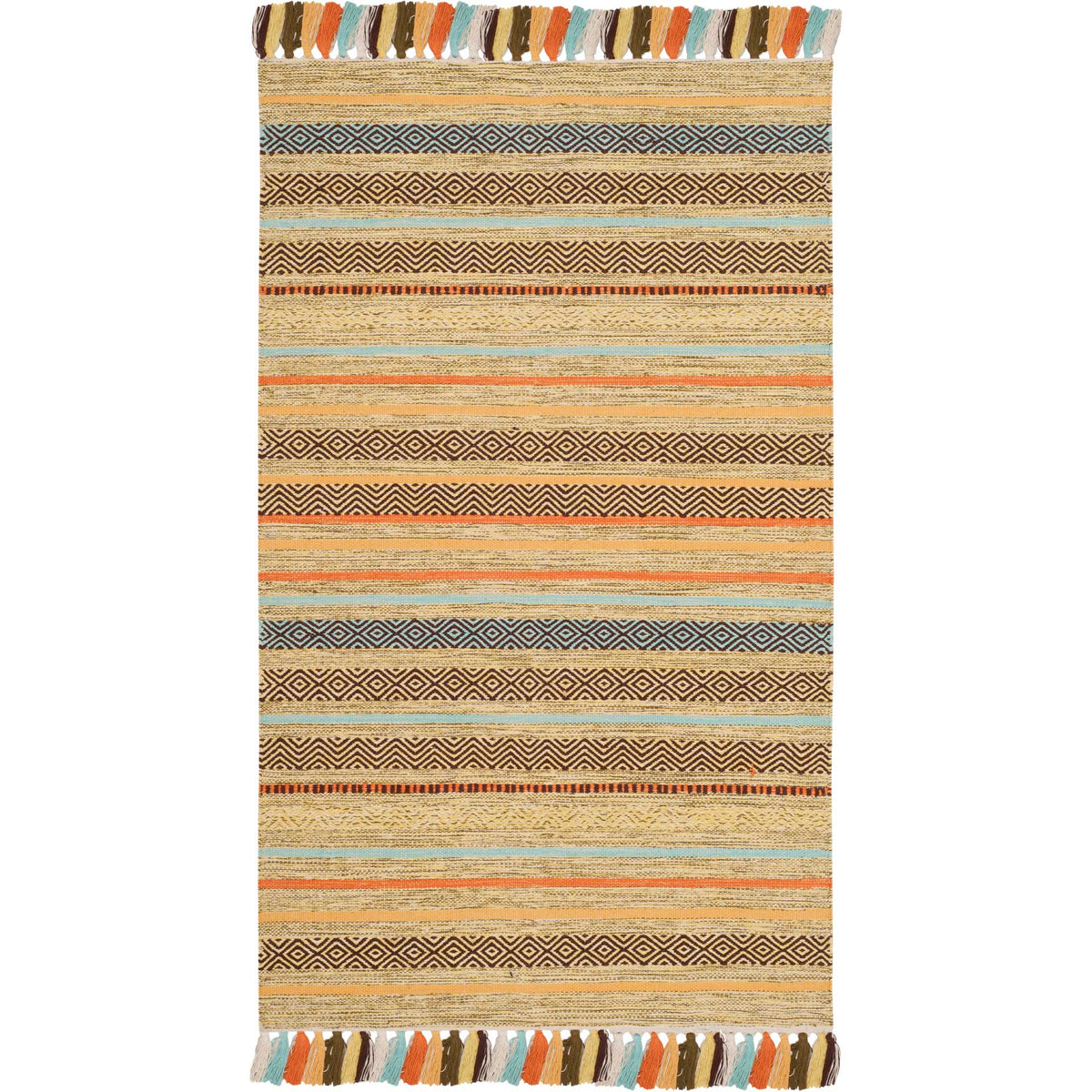 Olive and gold cotton rug with dark diamond stripes and colorful fringed short ends.