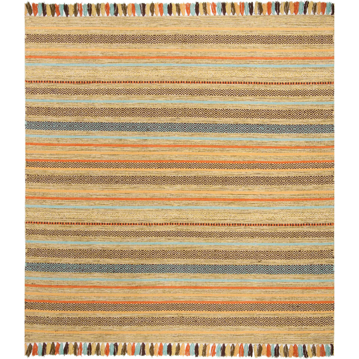 Square olive-gold rug with geometric stripe bands and tasseled edges in lively earth tones.