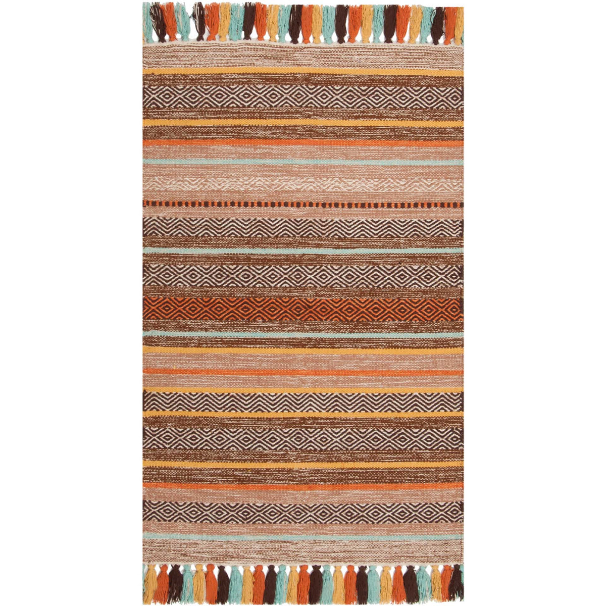 Small brown accent rug with woven diamonds, rust stripes, and multicolored tassel trim.