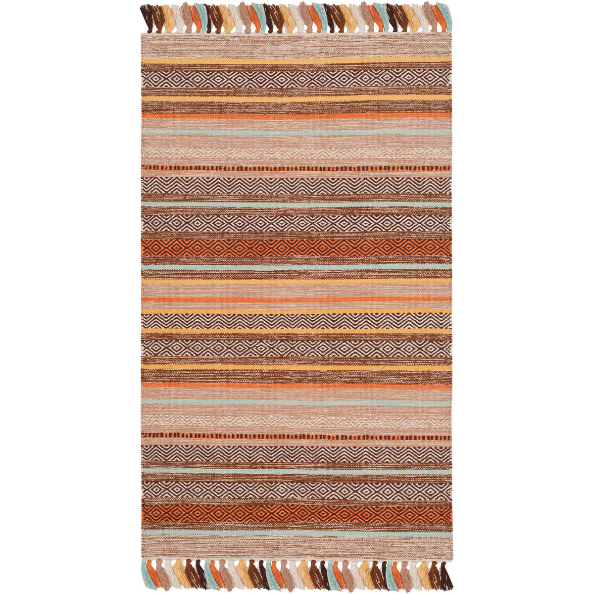 Brown cotton rug with rust and cream diamond bands, soft aqua stripes, and bright tassels.