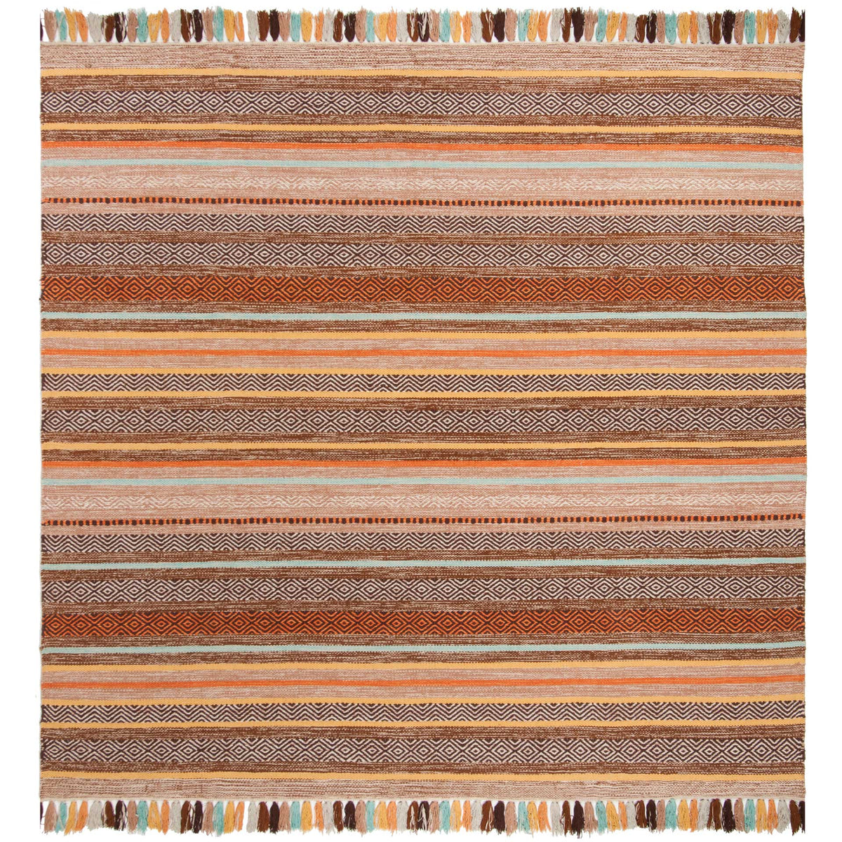 Square brown rug with rust-colored geometric stripes and tassels in earthy mixed hues.