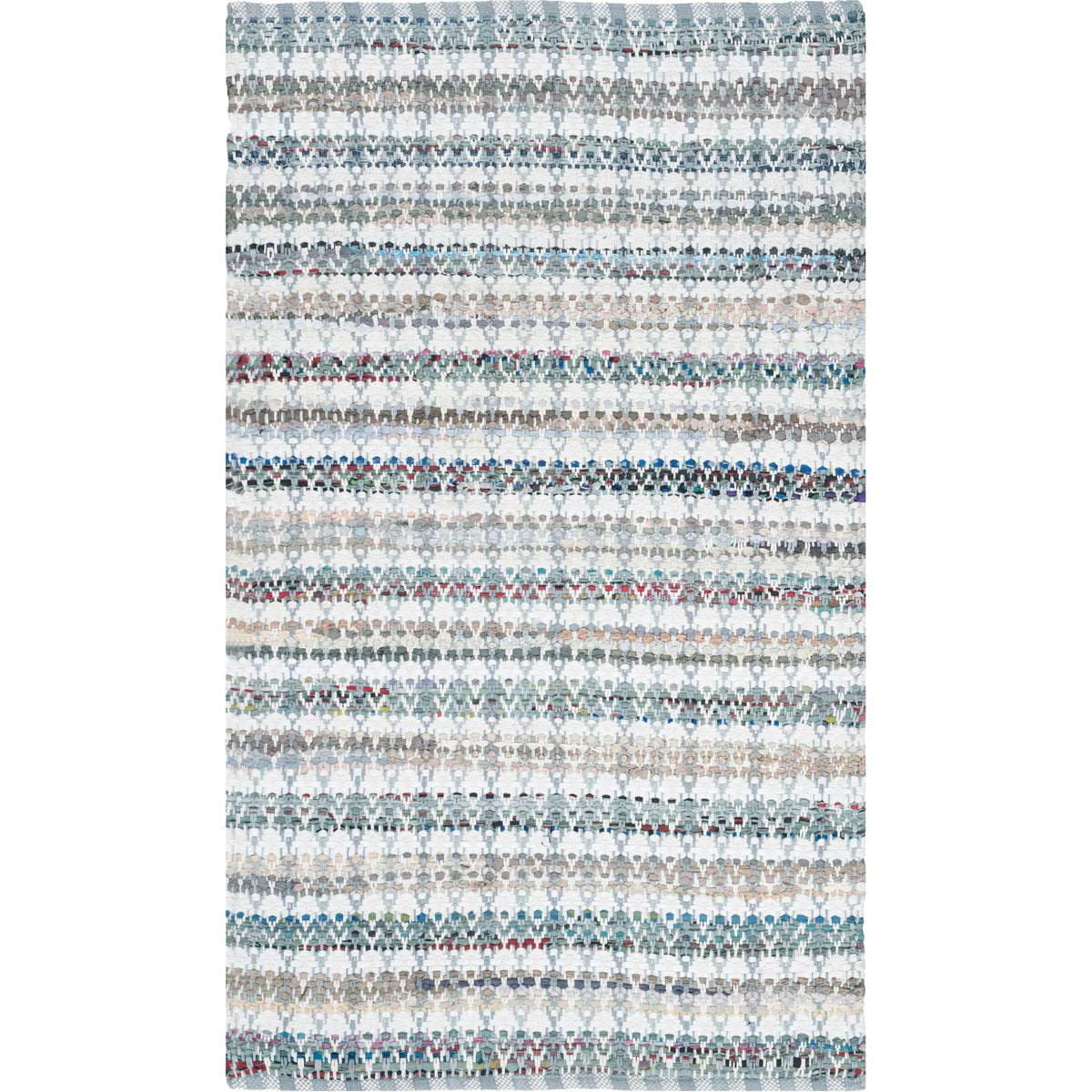 Compact gray cotton rug features repeating woven motifs and subtle multicolor threads.
