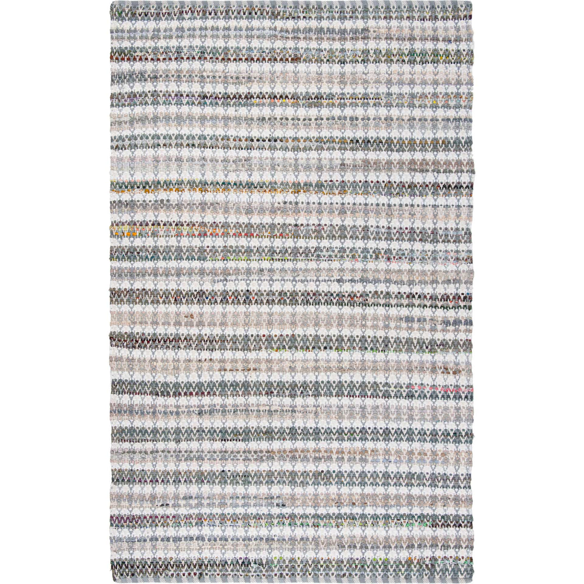 Handwoven cotton area rug balances fine gray stripes with bits of earthy color.