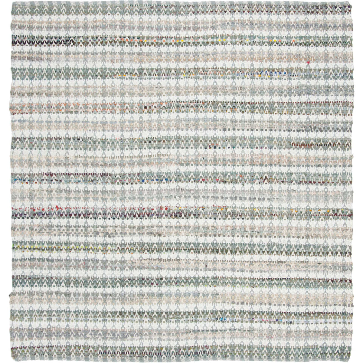 Square cotton rug layers soft gray bands with ivory and scattered colorful accents.