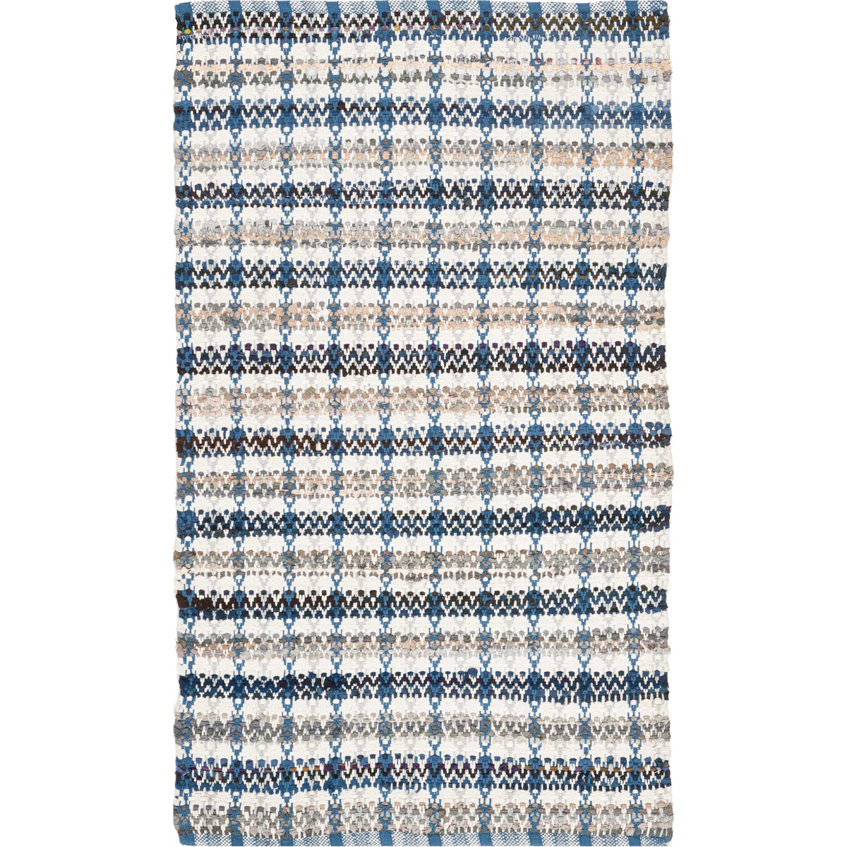 Deep blue and cream stripes form a playful pattern on this compact cotton rug.