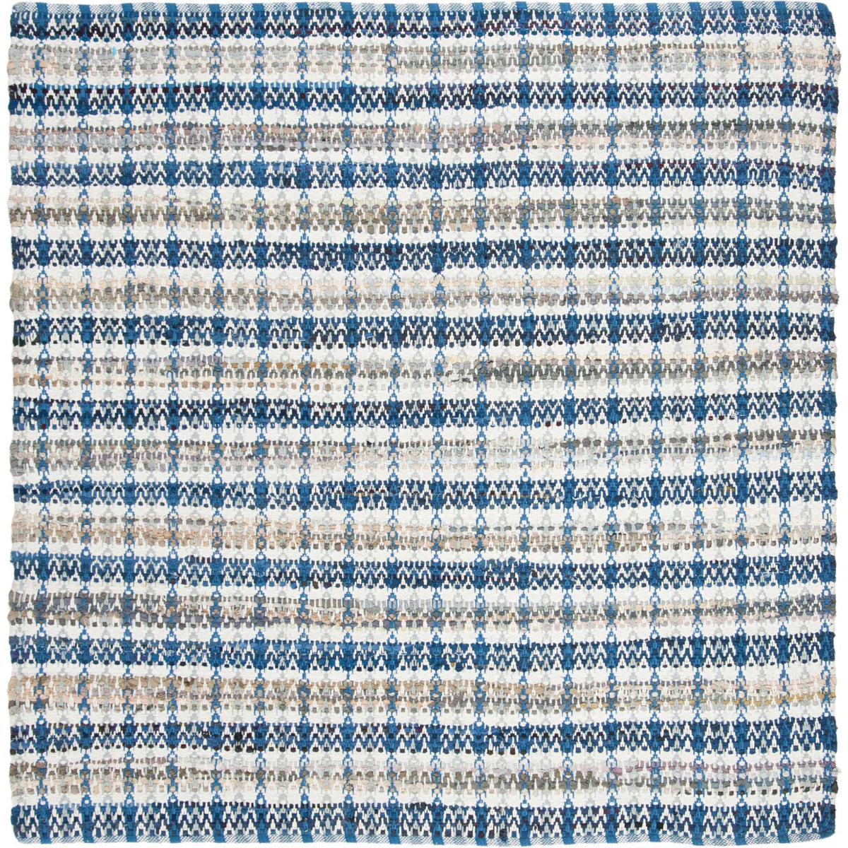 Square cotton rug mixes bold blue bands with flecks of cream and warm gray.
