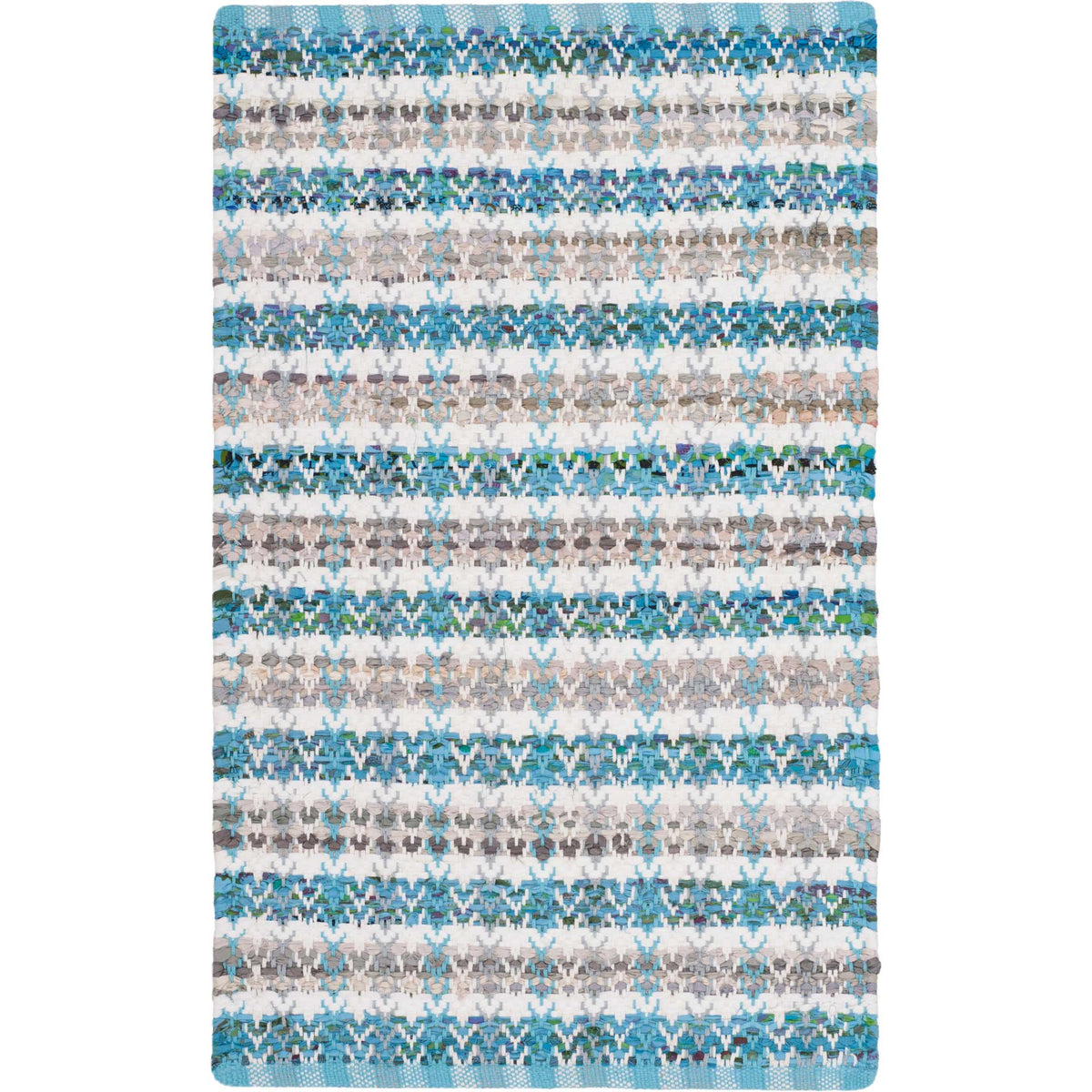 Small cotton accent rug pairs aqua geometric bands with cream and taupe threads.