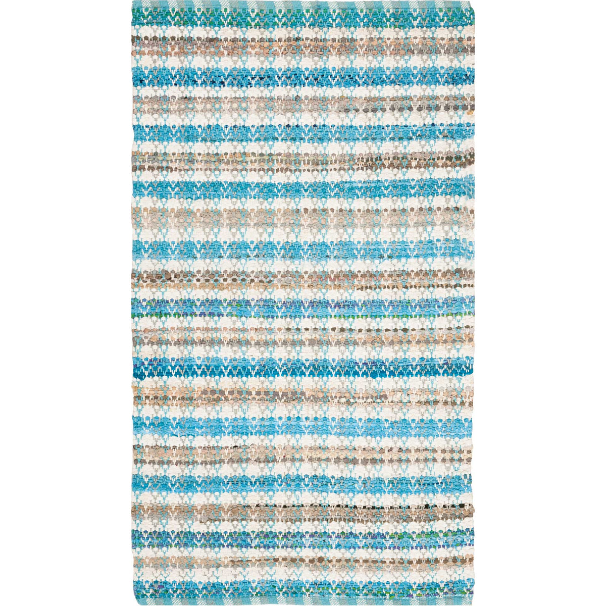 Aqua and ivory patterned stripes give this compact cotton rug a lively finish.