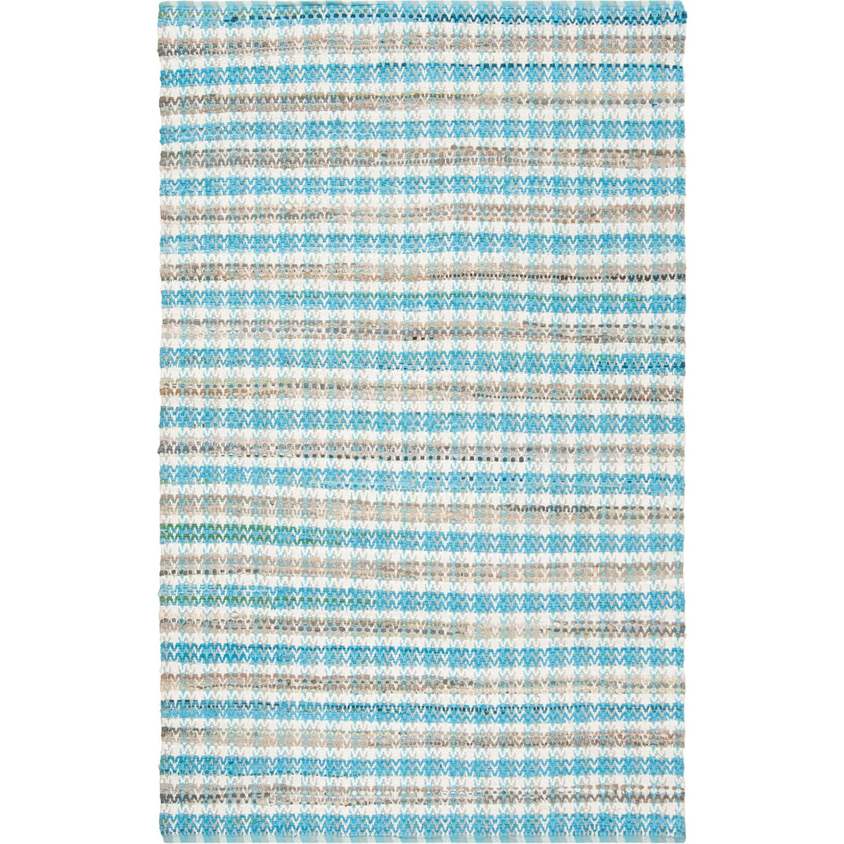 Handwoven cotton rug blends varied aqua bands with crisp cream and sandy tones.
