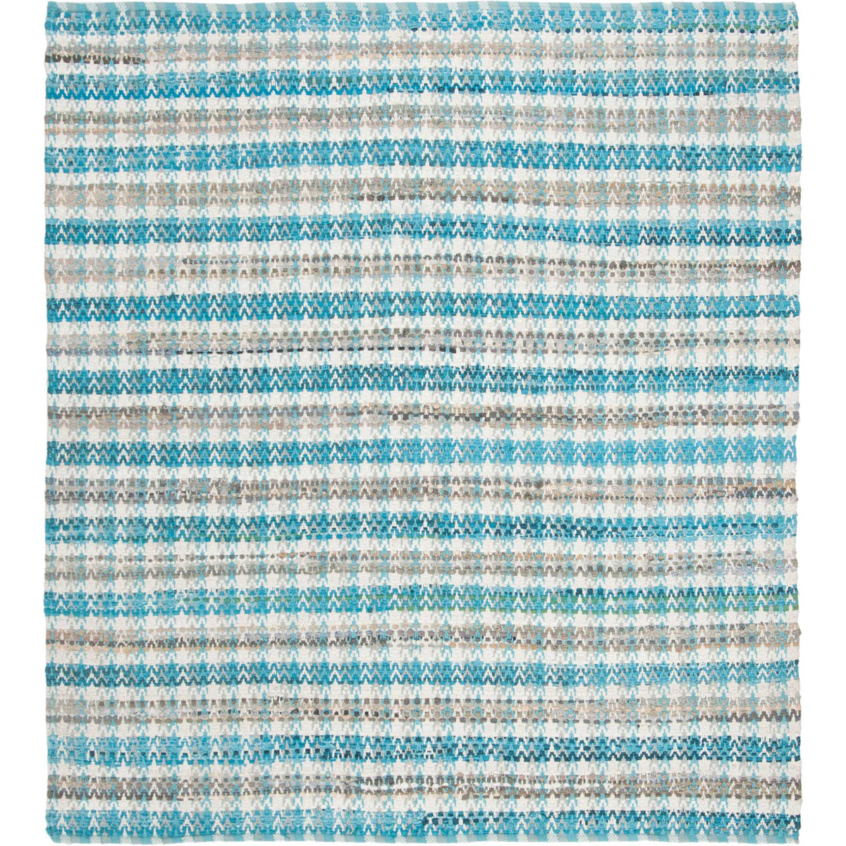 Square cotton rug layers aqua and blue woven stripes with touches of warm neutrals.