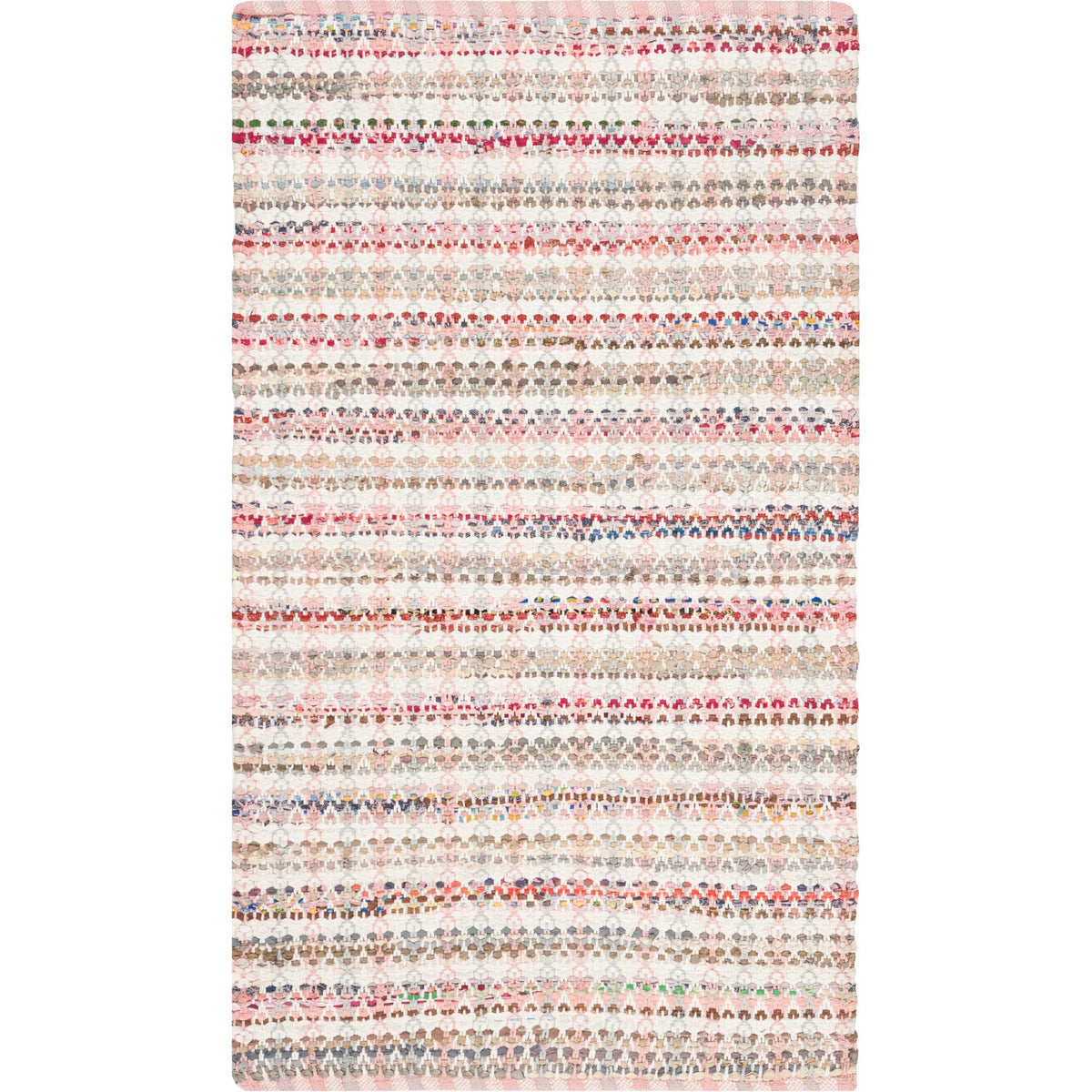 Compact cotton rug features lively pink and cream bands with tiny contrasting flecks.