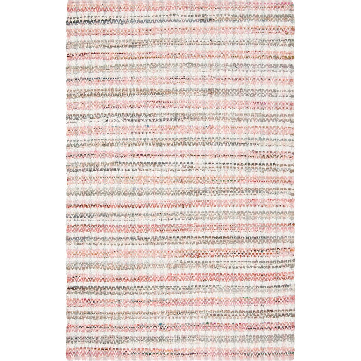 Handwoven cotton rug layers pale pink stripes with warm ivory and taupe.