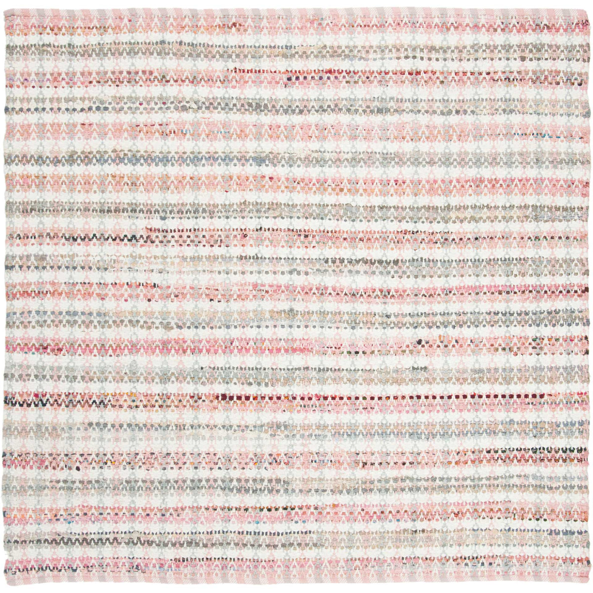 Square cotton rug blends rosy pink bands with cream and subtle multicolor threads.
