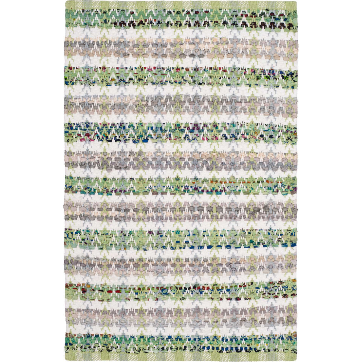 Small green cotton accent rug shows playful geometric stripes and natural texture.