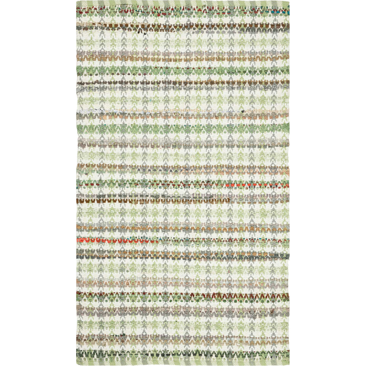 Compact cotton rug blends olive green, cream, and colorful specks in textured rows.