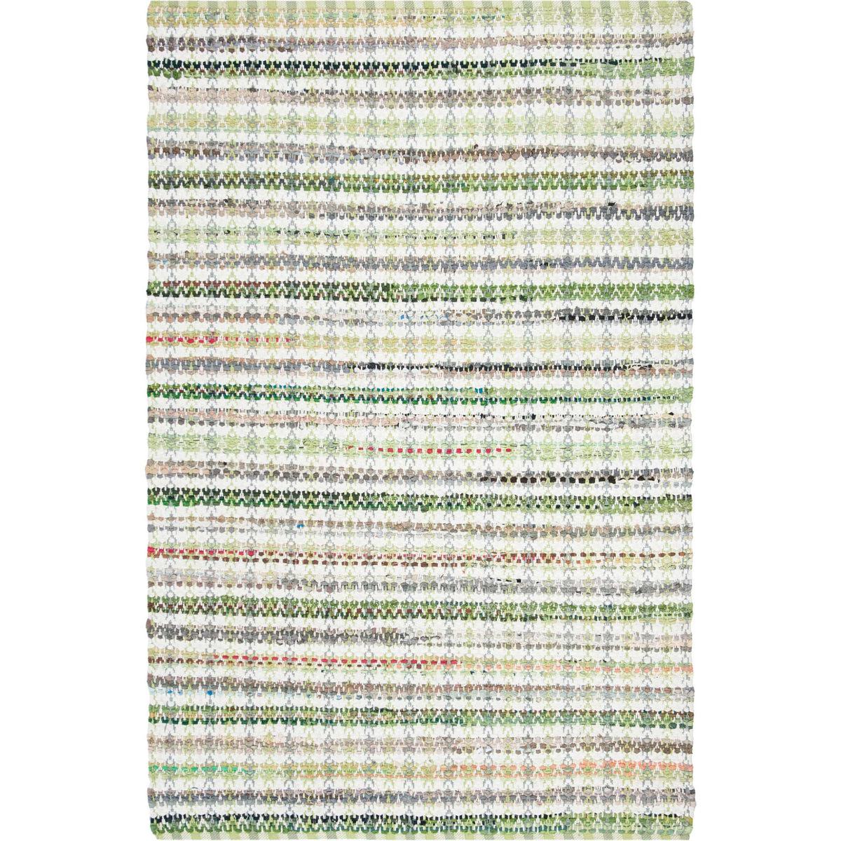 Handwoven cotton rug layers fresh green stripes over a soft cream ground.