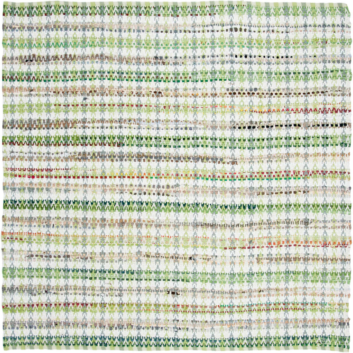 Square cotton rug pairs leafy green woven bands with cream and multicolored details.