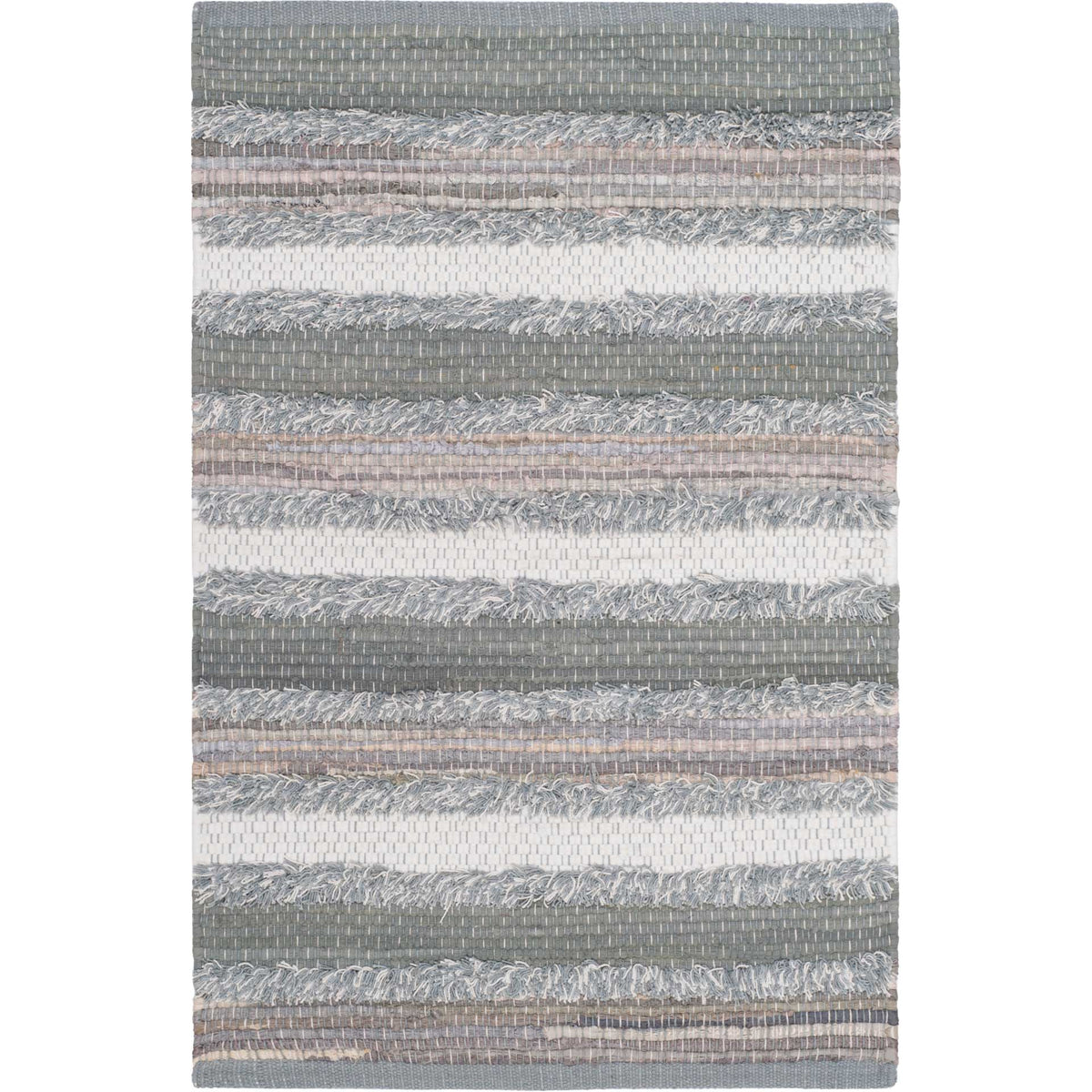 Small cotton accent rug blends gray bands, bright ivory stripes, and hints of muted pink.