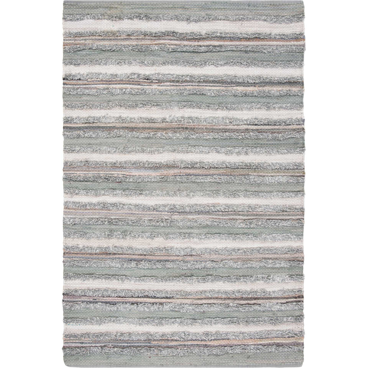 Uneven gray and white stripes give this handwoven cotton rug subtle depth and texture.